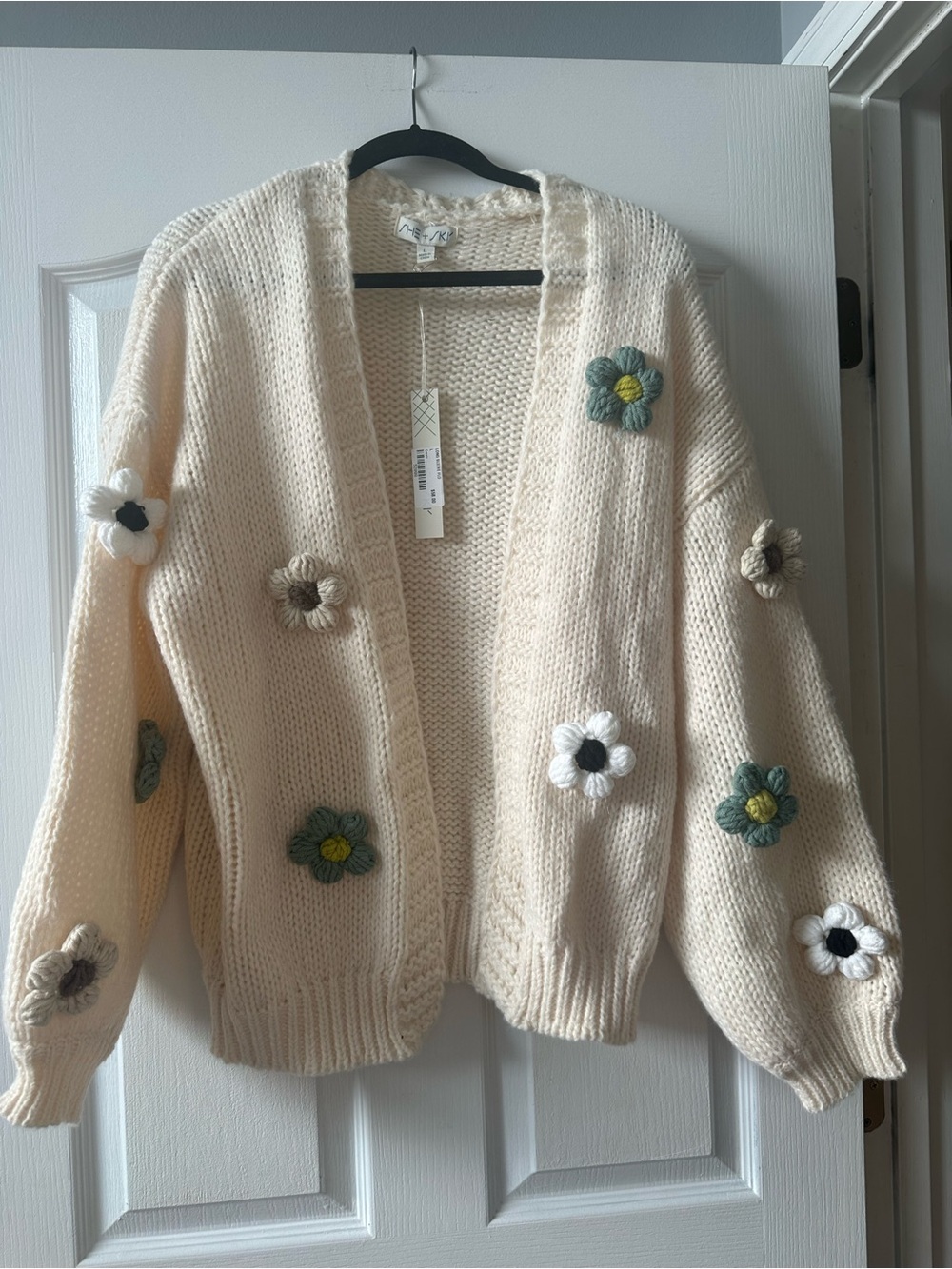 She + Sky Cream Chunky Knit Cardigan with Green and Yellow Floral Appliqués